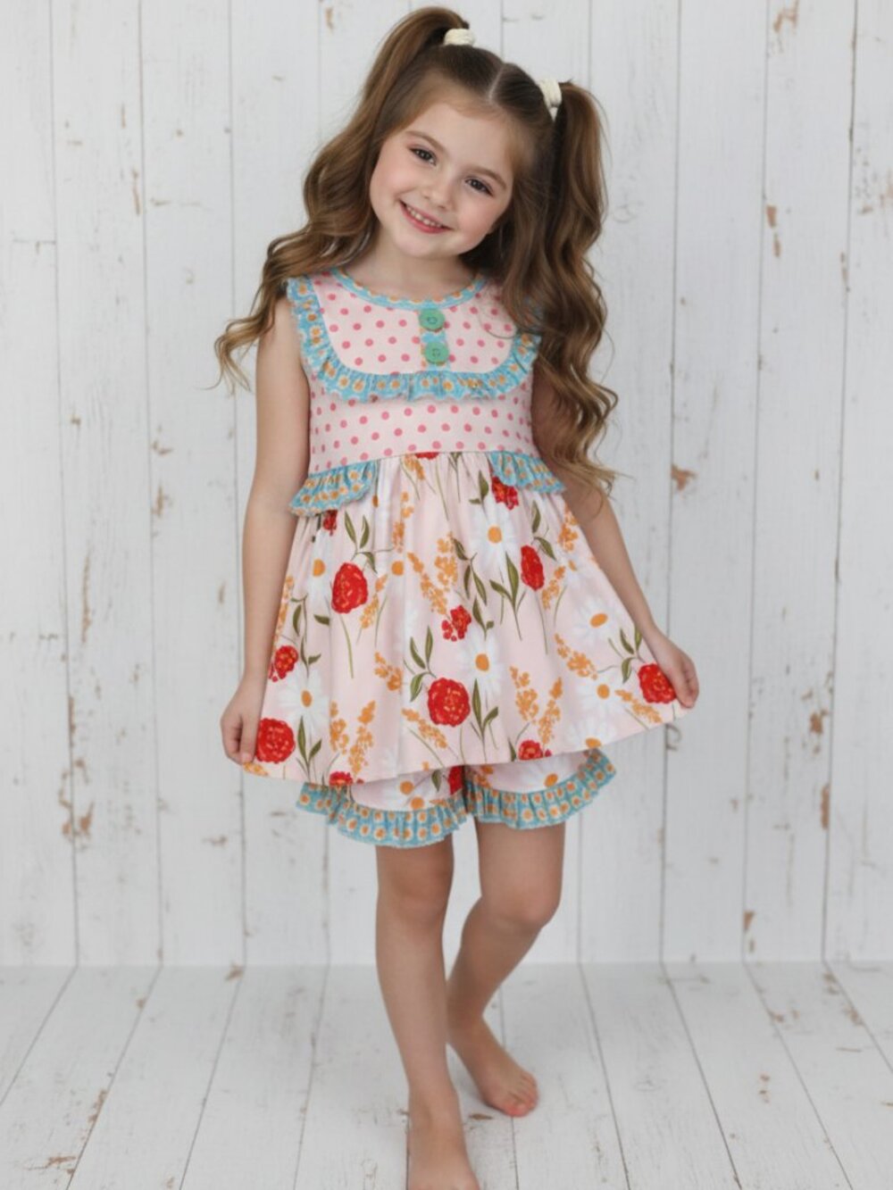 Girl's Flower & Dots Ruffle Short Set
